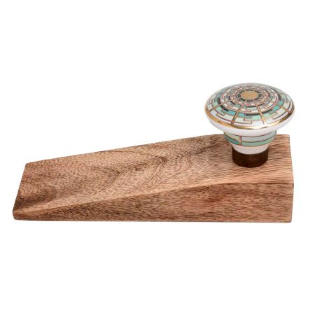 Emerald Hue Golden Pattern Ceramic Wooden Door Stopper
